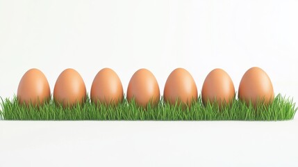 Wall Mural - Easter eggs in a row with green grass isolated on a white background