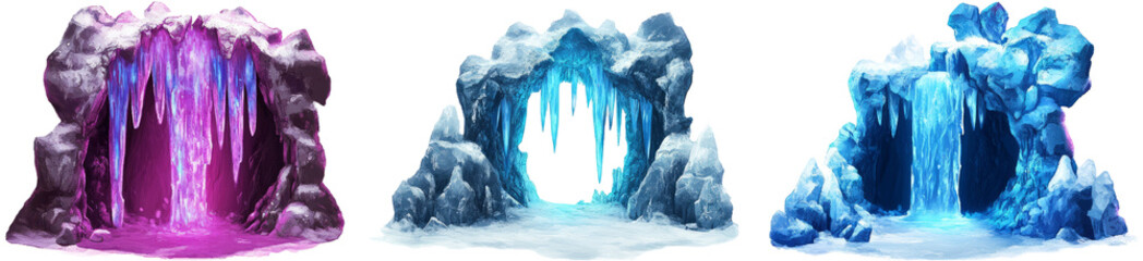 Wall Mural - Colorful ice cave with glowing waterfalls and pools on transparent background