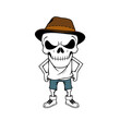 © Business Stock Image - a skull emoji wearing a brown hat, a white shirt, blue shorts, and white sneakers.