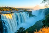 A majestic view of Victoria Falls, with powerful cascades creating mist under the sunlight.