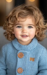 Wall Mural - A young child with curly hair is wearing a blue sweater and smiling. The child's smile is bright and cheerful, and the sweater is a warm and cozy color. Concept of happiness and warmth