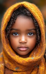 Wall Mural - A young girl with brown hair and brown eyes is wearing a scarf. The scarf is orange and has a pattern. The girl's face is the main focus of the image