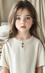 Wall Mural - A young girl with long brown hair is wearing a white shirt with a button on the front. She has a serious expression on her face