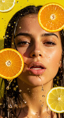 Young woman with water droplets and citrus fruit against a vibrant yellow background in a refreshing summer setting