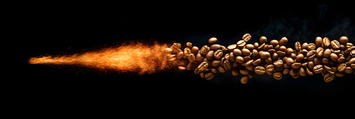 Wall Mural - coffee beans being roasted - with the beans in mid-air and motion blur emphasizing the process wide 