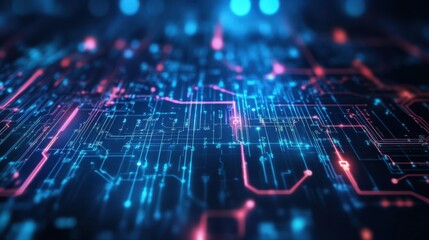 A computer chip with blue and red lines
