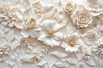 Wall Mural - White sculpted flowers, some blooming, grouped on a surface. Use print or background