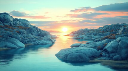 Wall Mural - Rocky Coast Sunset, Calm Water, Dramatic Sky, Coastal Scene