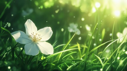 anime background of the white flower and green grass