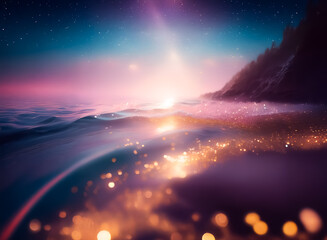 Wall Mural - dreamy vista of a mountain silhouette against a starry night sky. light reflections illuminate a ser