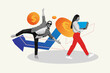 © deagreez - Art 3d sketch collage of two happy girl guy business partners hold laptop coin dollar income euro currency arrow statistics profit