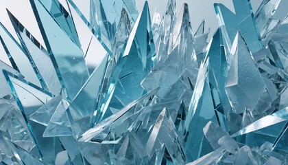 Poster - Translucent Blue Crystal Structures. Shimmering Light Reflects on Angular Shapes. A Dynamic Arrangement of Jagged, Pointed Pieces. Evokes Beauty, Fragility, Geological Formations. Visual