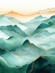 Wall Mural - Mountain background vector. Minimal landscape art with watercolor brush and golden line art texture. Abstract art wallpaper for prints, Art Decoration, wall arts and canvas prints.