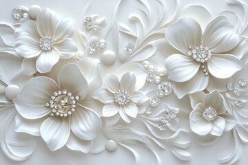 Wall Mural - White flowers & crystals abstract art with background shapes, for elegant backgrounds