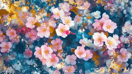 Wall Mural - Pink cherry tree blossom flowers blooming in spring, easter time against a natural sunny blurred garden banner background of blue, yellow and white, Generative AI