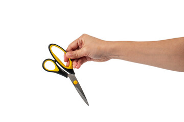 Wall Mural - Office stationery scissors cutting in hand on transparent background