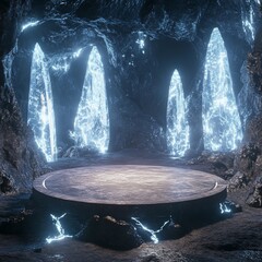 Wall Mural - circular stone platform in mystical glowing crystal cave.