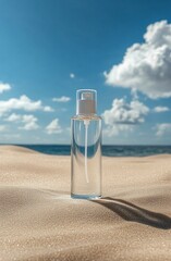 Wall Mural - clear bottle with pump dispenser on sandy beach under sunny sky.