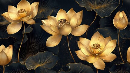 Wall Mural - Spring floral in watercolor vector background. Luxury wallpaper design with lotus flowers, line art, golden texture. Elegant gold blossom flowers illustration suitable for fabric, prints, cover.