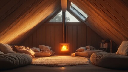 Sticker - A warm attic with sloped ceilings, a glowing woodburning stove, and fluffy pillows arranged near a skylight