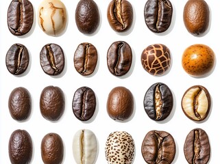 Wall Mural - Collection of various roasted coffee beans arranged in a grid pattern on a white background.