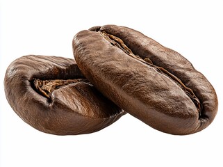 Wall Mural - Two roasted coffee beans, close-up, isolated on white background.