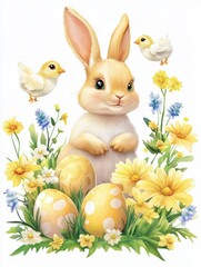 Wall Mural - Easter bunny, chicks and spring flowers. Funny rabbits, baby chickens and eggs. Cartoon easter spring vector set