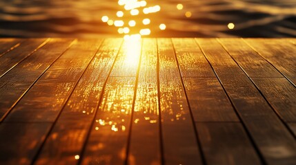 Wall Mural - Golden sunset light reflecting on wet wooden planks by water.