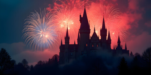 Gothic Castle Under a Fireworks Spectacle: A dark and mysterious gothic castle with towering spires, set against a dazzling display of red, blue, and gold fireworks bursting over the night sky.