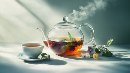 Wall Mural - Steaming herbal tea in a glass teapot with cup, flowers, and leaves on a table in sunlight.