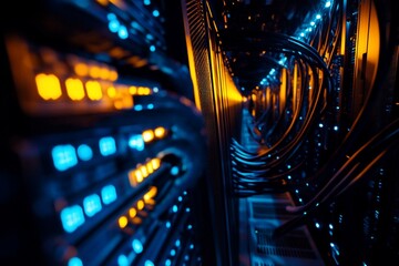 Illuminated server room interior with network cables and equipment.