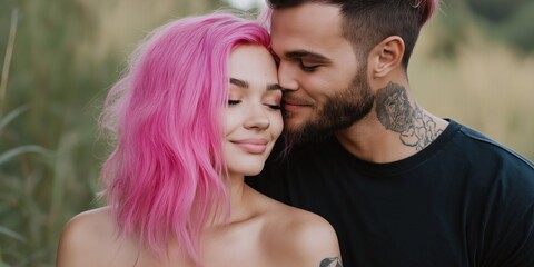 Poster - A man and a woman are kissing each other. The woman has pink hair and the man has tattoos