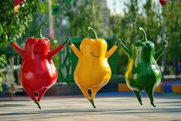 Canvas Print - A bell pepper trio (red, yellow, and green) performing a synchronized dance routine