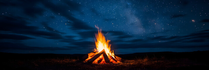 Wall Mural - crackling campfire under a clear - star-studded night sky wide banner - white background