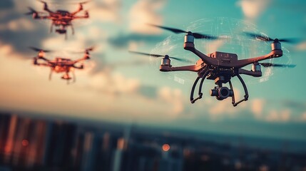 Fototapete - Drones flying in the sky capturing aerial footage in a vibrant urban landscape : Generative AI