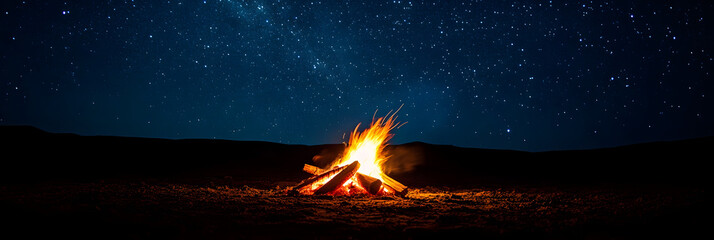 Wall Mural - crackling campfire under a clear - star-studded night sky wide banner - white background