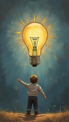 Poster - Child reaches for a glowing light bulb in a whimsical scene of imagination and inspiration