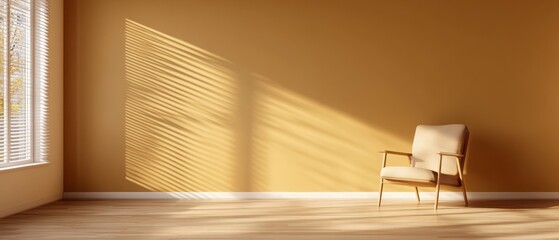 Wall Mural - 3D rendering of a brown, empty wall in a living room interior, with an armchair placed in the corner of the room, near the window with blinds. 