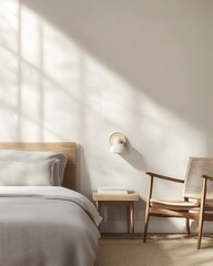 Canvas Print - 3D rendering of a cozy bedroom with a soft beige wall and a white bed with a gray comforter. 