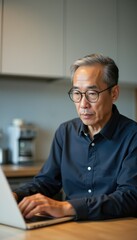 Aufkleber - Middle aged Asian man working on laptop at home in cozy kitchen environment during daytime