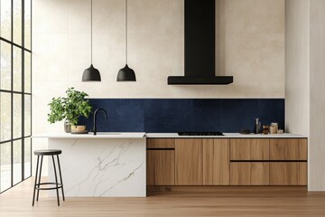 Canvas Print - A modern kitchen with off-white walls and a navy blue backsplash. 