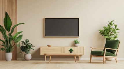 A modern living room with soft beige walls and a minimalist TV frame mounted on the wall, surrounded by elegant wooden furniture and lush indoor plants. 