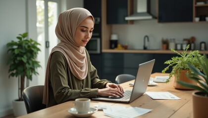 Aufkleber - Young Middle Eastern woman working diligently on her laptop in a cozy, well-lit kitchen environment