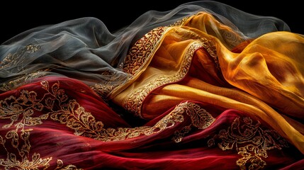 Aufkleber - Intricate gold embroidered sari textile showcase closeup detail artistic display luxurious fabric art