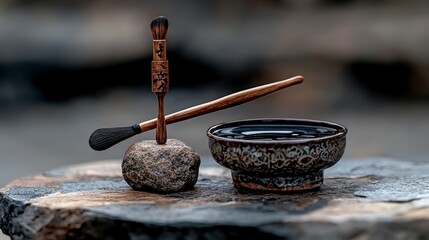 Poster - Elegant calligraphy tools displayed on a stone with ink bowl minimalist art outdoor setting close-up perspective