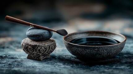 Poster - Elegant calligraphy tools and ink bowl minimalist art scene serene context artistic view creativity unleashed