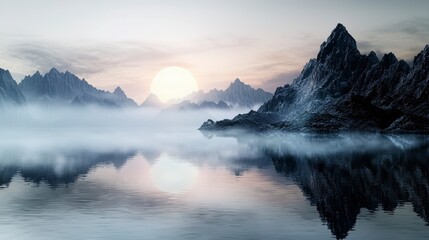 Poster - Serene sunrise over misty mountains tranquil landscape nature photography pastel tones wide angle calm environment