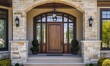 © simba kim - Elegant arched wooden door with side panels and glass accents, surrounded by stone walls, Generative AI