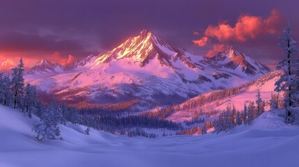 Poster - Snowy mountain range at vibrant sunset