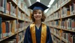 © vadosloginov - Child proudly wearing graduation cap and gown in library surrounded by books celebrating a significant educational milestone